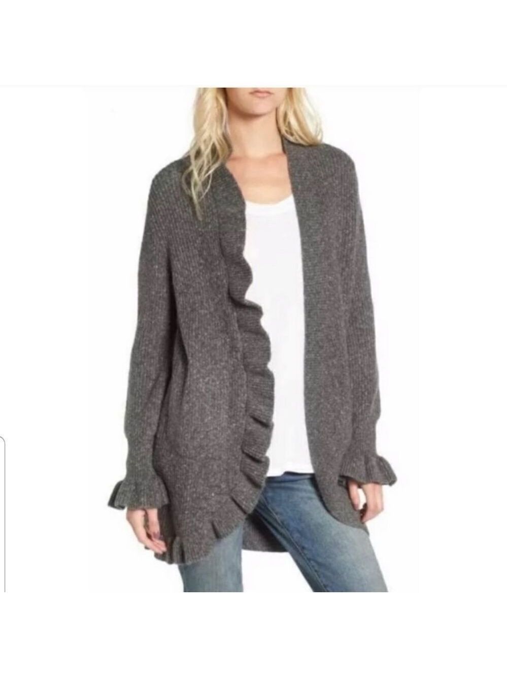 Hinge Nordstrom Ruffle Cardigan Gray Sweater Small